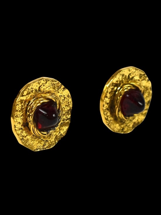 CHANEL Jewelry - Chanel Vintage Gold Plated Red Stone Round Earrings